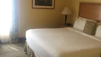 A hotel room with a large bed, a nightstand with a lamp, a framed picture on the wall, and a window with curtains.