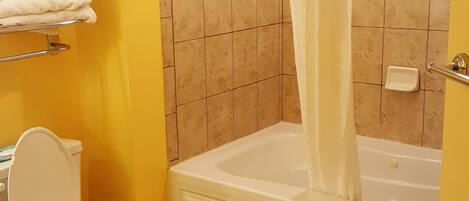 A bathroom with a toilet, a bathtub, and a shower curtain.