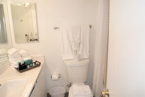 Combined shower/tub, hair dryer, towels
