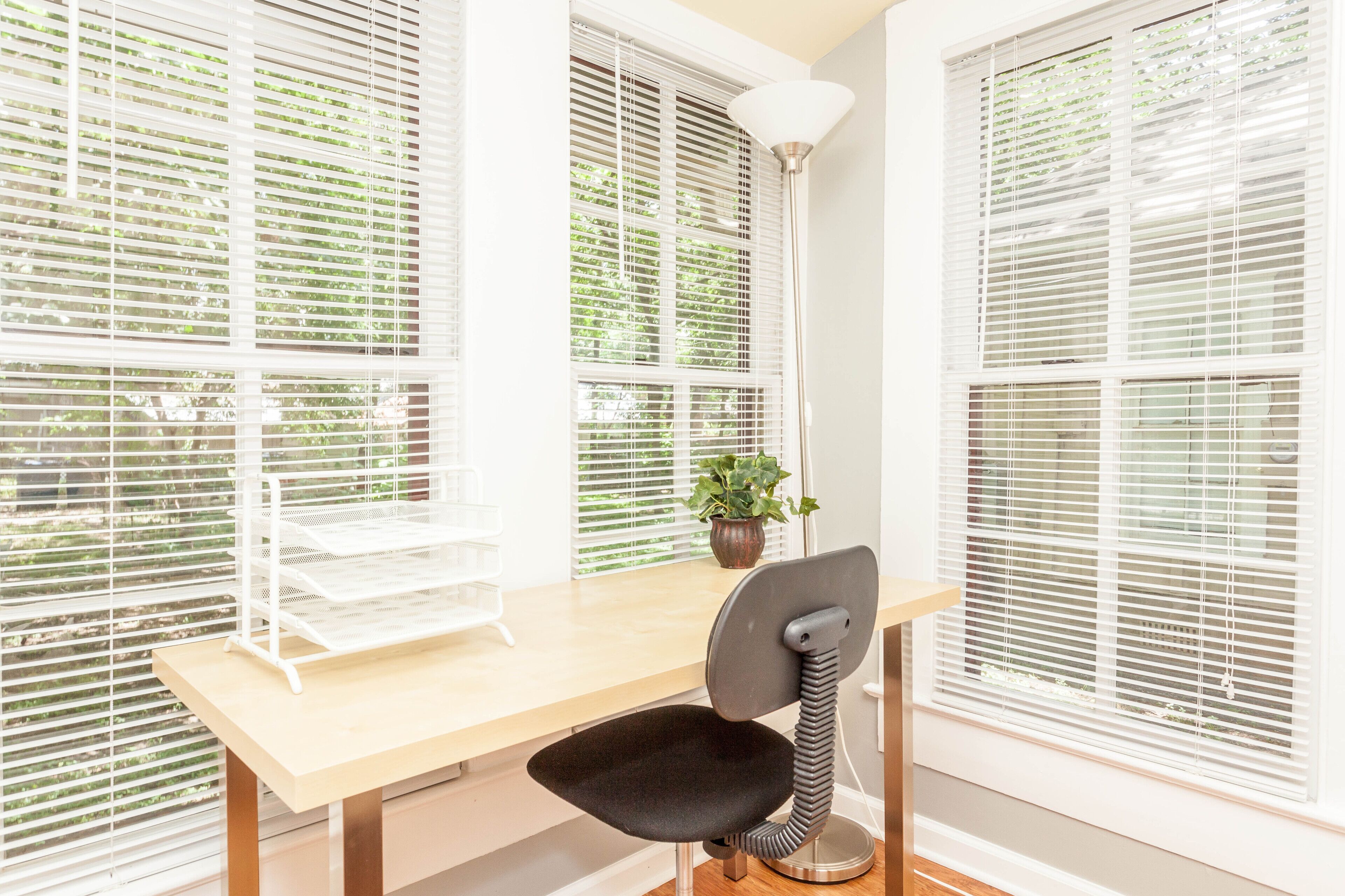A modern office chair with a desk, white blinds, and a potted plant.