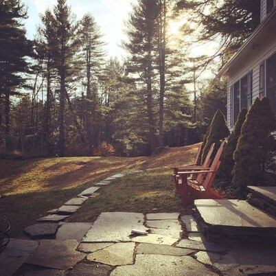 Secluded house with fireplace, indoor parking, pond near Berkshire East Skiing