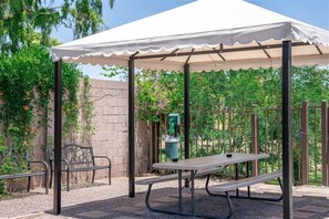 Een overdekt buitengebied met een picknicktafel en banken, omgeven door een bakstenen muur en groen.