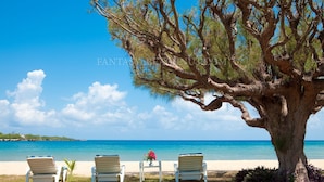 A beach scene with three lounge chairs under a large tree, a small table with a flower, and a clear view of the ocean. - Villa BEACHNUT - ON PRIVATE BEACH IN A GATED COMMUNITY (Rio Bueno)