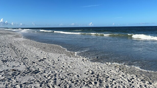 A beach with a clear sky and waves.
