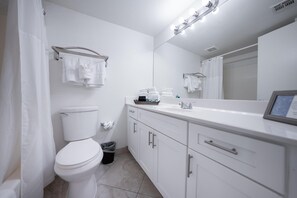 Combined shower/tub, hair dryer, towels