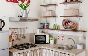 Fridge, oven, stovetop, cookware/dishes/utensils