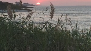A sunset over a body of water with grass in the foreground. - Private Westhampton Escape 5BR, Pool, Hot Tub, Near Beach (Westhampton)