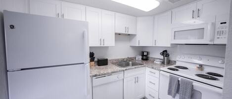 A modern kitchen with white cabinets, a refrigerator, a microwave, a sink, and a stove.