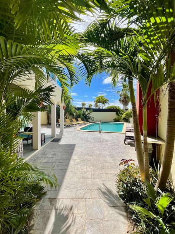 A pool area with a stone pathway, palm trees, and lounge chairs.