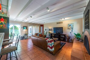 Televisión, chimenea, reproductor de DVD y libros 