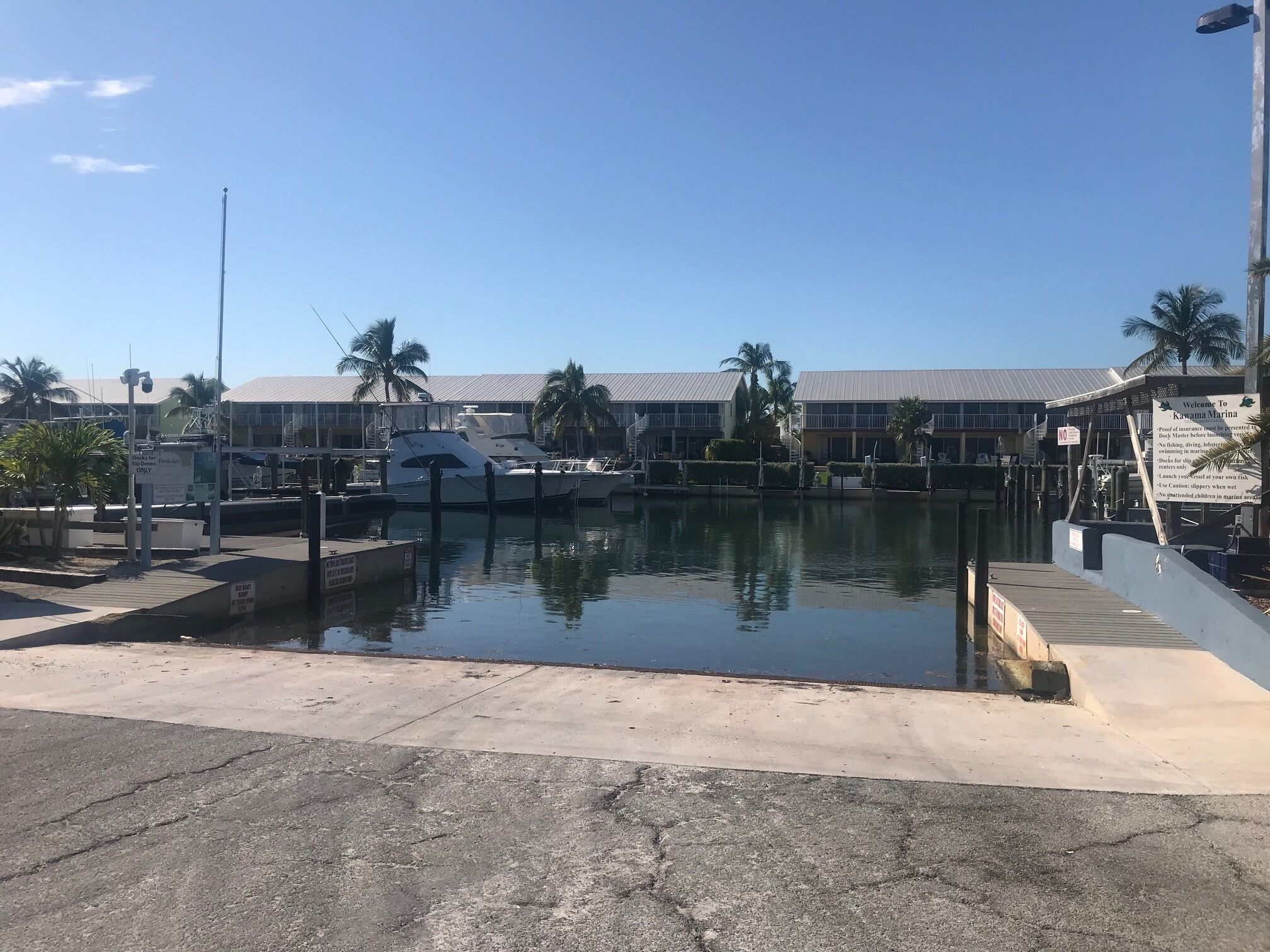 A marina with boats docked, a building with a metal roof, and palm trees.