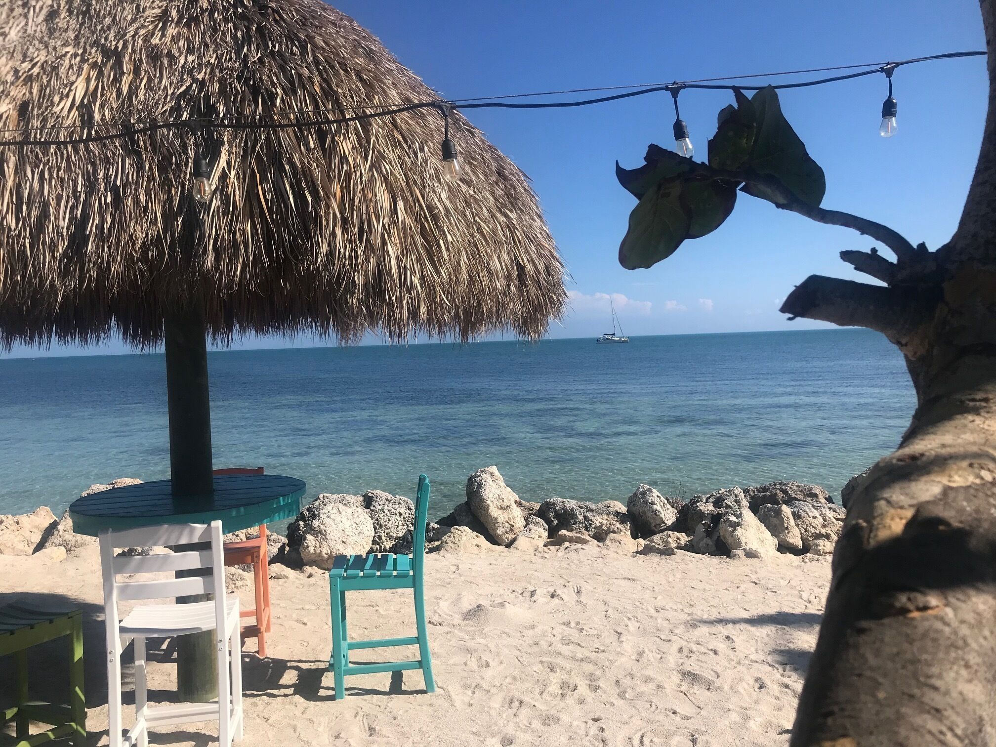 A beach scene with a thatched umbrella, a table, chairs, and a view of the sea.