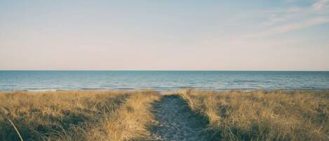 Beach nearby, sun loungers, beach towels