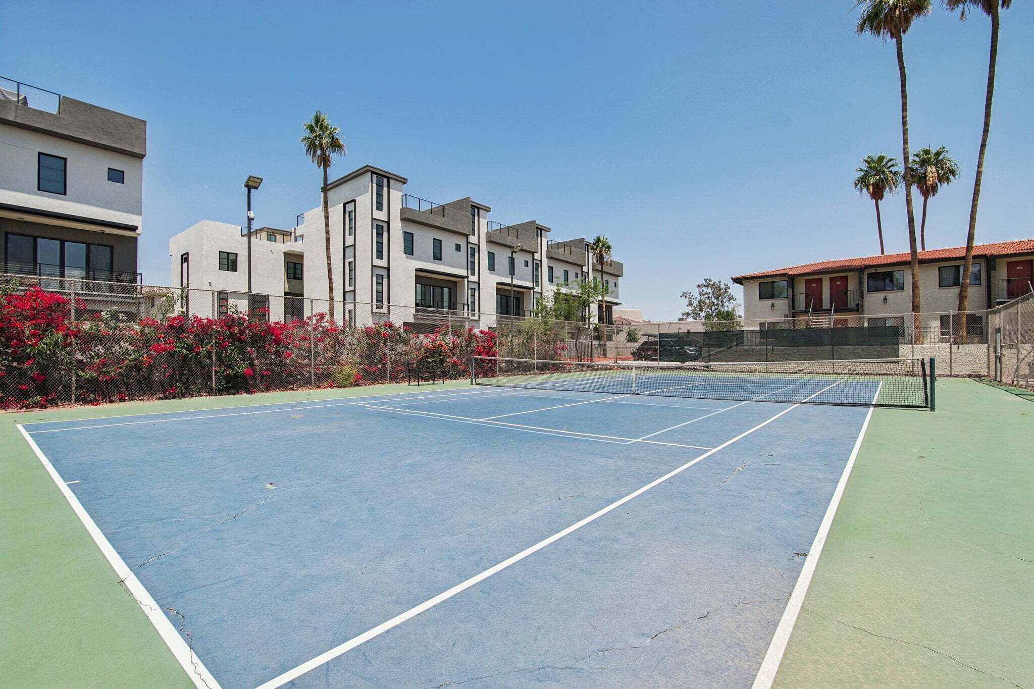 A tennis court with a net, surrounded by buildings, palm trees, and red flowers.