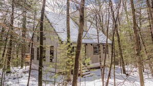 A cabin surrounded by trees with a snow-covered roof and ground.