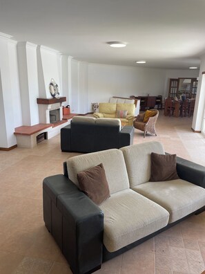 Älytelevisio, takka, DVD-soitin, pöytätennispöytä