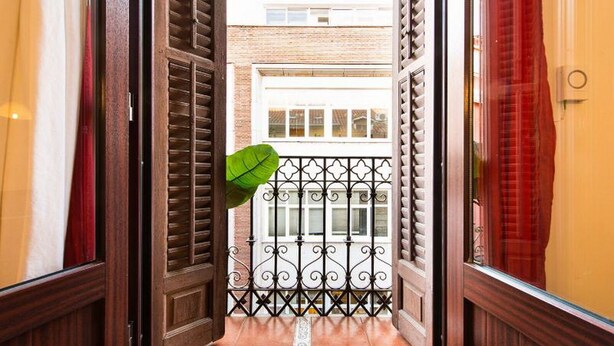 A doorway with wooden shutters, a green plant, and a metal balcony railing.