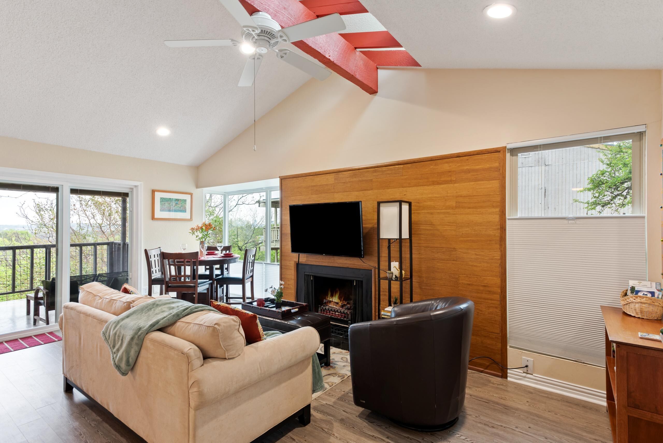 TV connectée, cheminée, livres