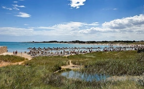 A beach with rows of sun loungers and umbrellas, a clear sky, and a calm sea.
