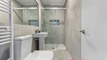 Combined shower/bathtub, hair dryer, towels, soap