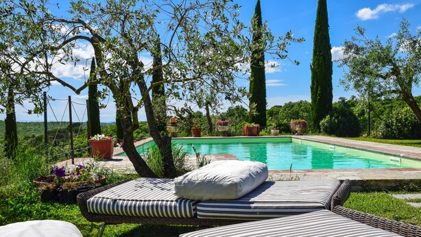 Zona de piscina con sillones reclinables y una rama de árbol en forma de corazón.