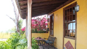 Un patio cubierto con una mesa y banca, rodeado de plantas tropicales y un vibrante muro de flores.