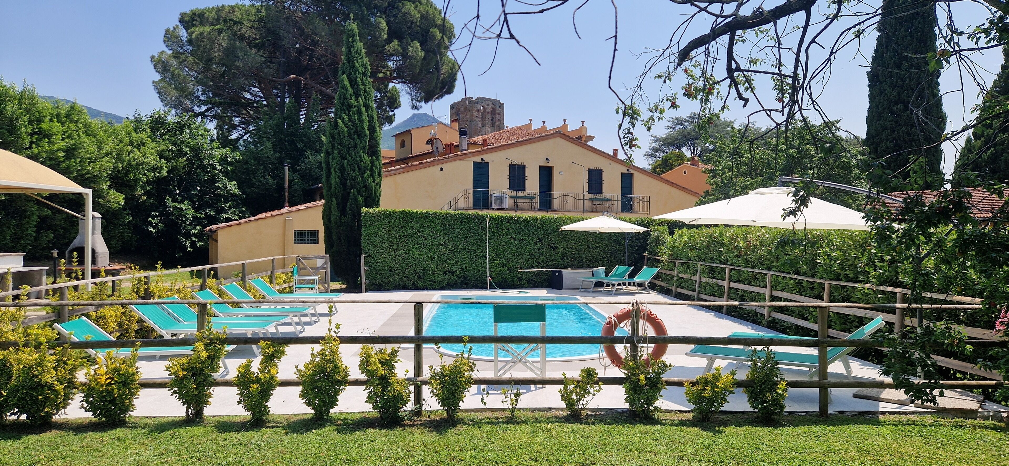 A pool area with multiple lounge chairs and umbrellas, surrounded by a wooden fence and greenery.