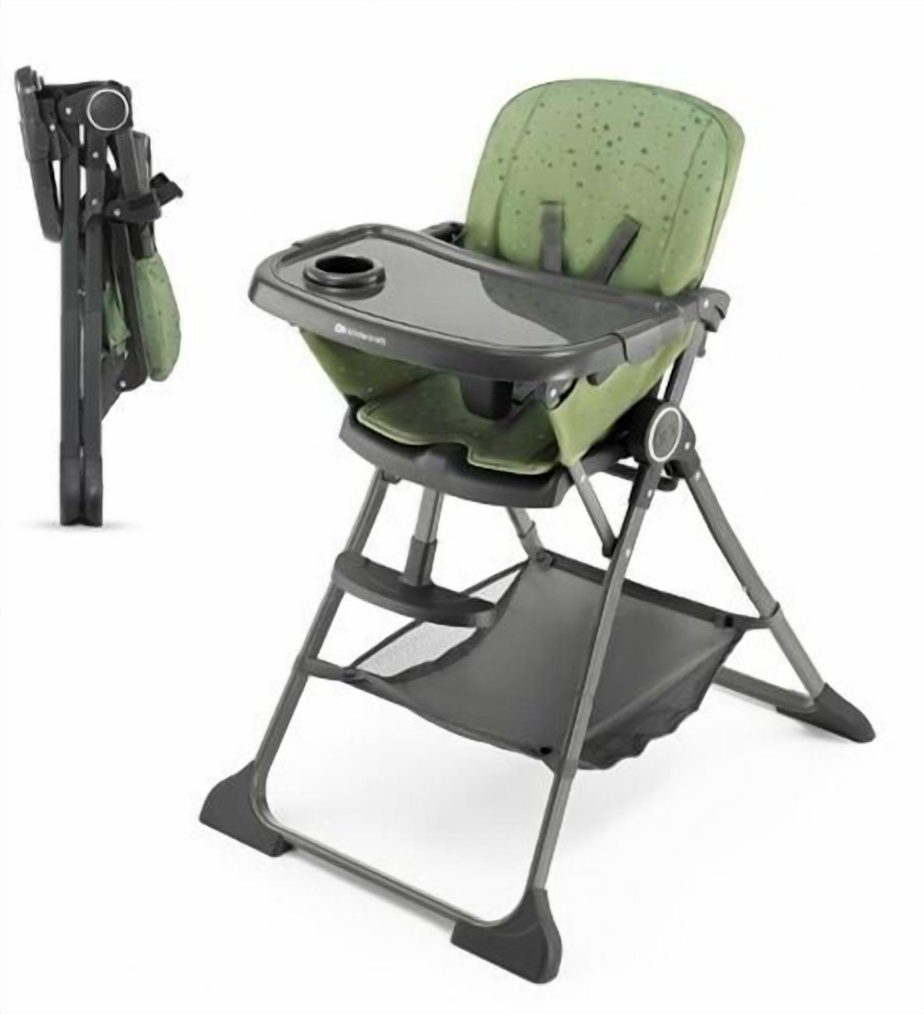A high chair with a tray table and a detachable seat.
