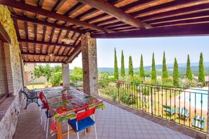 Outdoor dining - House with private pool/garden 5 km from village. Quiet street & panoramic views (Santa Restituta)