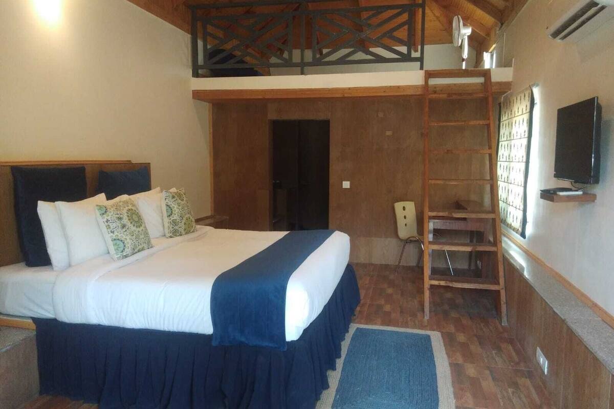 A bedroom with a bed, a wooden ladder, a television, and a door.