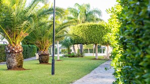 A pathway lined with palm trees and neatly trimmed hedges, leading to a building with a white facade. - Maravilloso Ático a tan solo 150 m de la playa. Wifi. A/A. 5 pers. (Dénia)