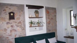 Un salon chaleureux avec un canapé vert, une horloge murale, des étagères ornées de plantes et un mur en pierre rustique.