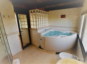 Shower, jetted bath, hair dryer, towels