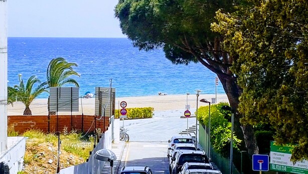 A coastal street with parked cars, a beach in the background, and a large tree on the right. - APARTMENT NEXT TO THE SEA WITH COMMUNITY GARDEN AND PLAZA PARKING WITH FREE WIFI (Platja d'Aro)