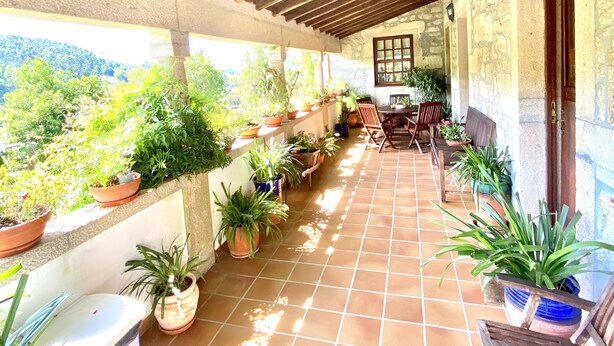 Eine überdachte Terrasse mit Terrakottafliesen, Holzmöbeln und Topfpflanzen.