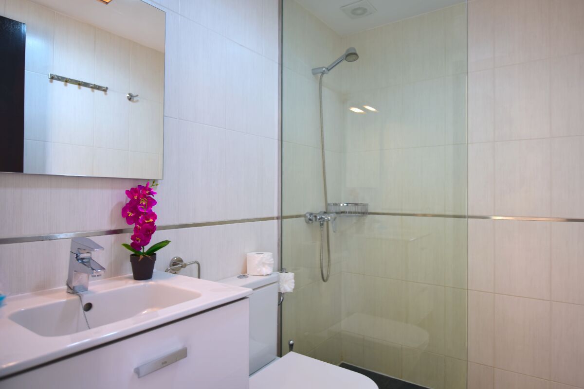 A modern bathroom with a glass-enclosed shower, a white sink, and a mirror above it.