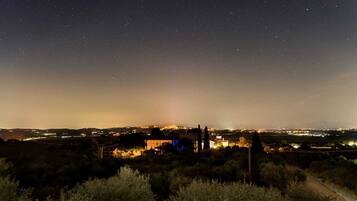 Ein Nachtblick auf eine Stadt mit klarem Himmel, beleuchteten Gebäuden und einem fernen Gebirge.
