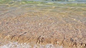 A beach with clear shallow waters and a sandy shore.