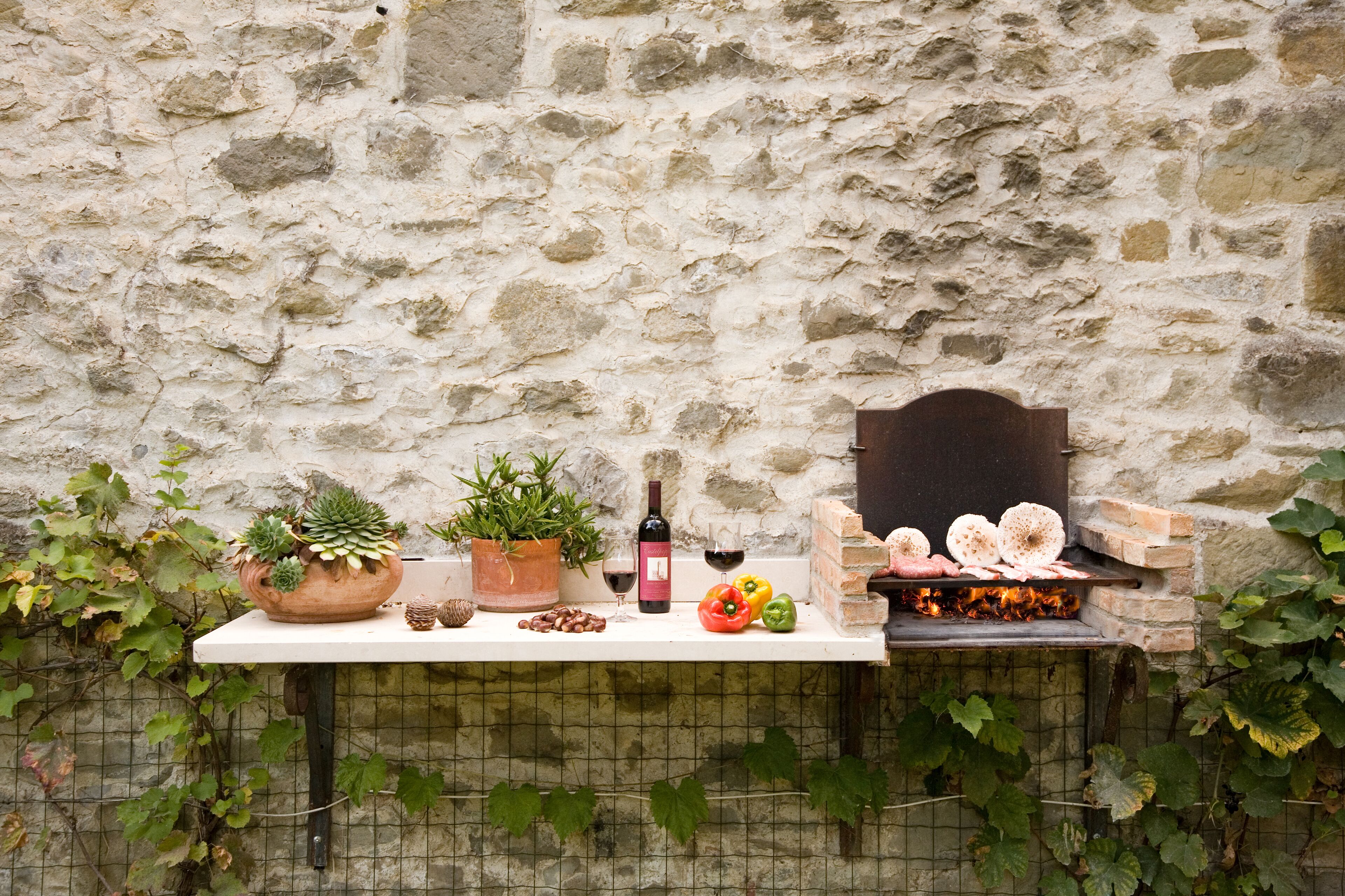A stone wall with a grill and potted plants on a ledge.
