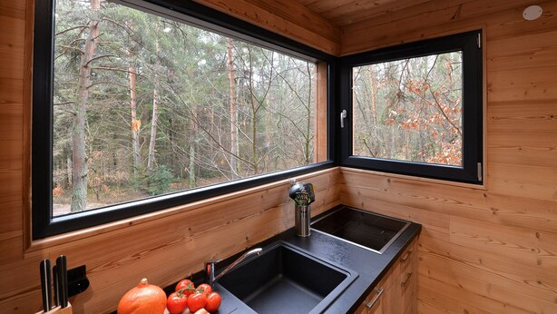 Una cucina compatta con lavello, mobili in legno e una finestra vista foresta.