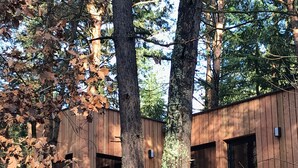 Una baita con due stanze in legno, ciascuna dotata di finestra e porta.
