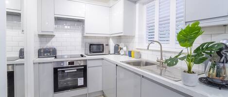 Fridge, microwave, oven, dishwasher