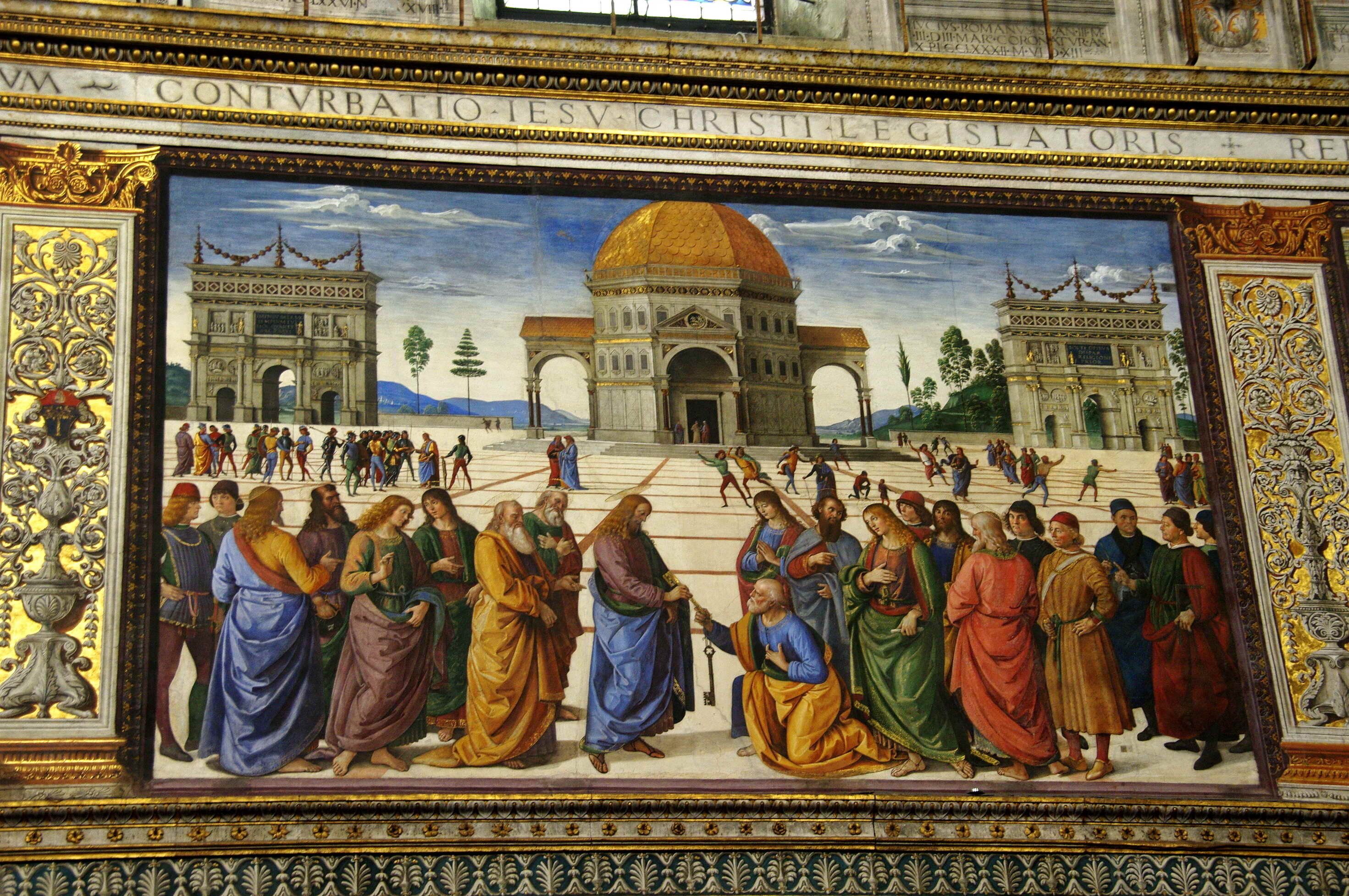 Ein Wandgemälde mit architektonischen Details und Figuren.
