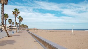 Una spiaggia con una passeggiata in cemento fiancheggiata da palme, che conduce all'oceano.
