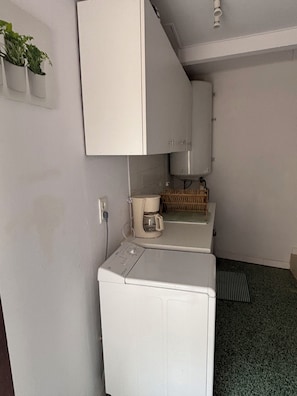 Un espace buanderie comprenant un lave-linge, une machine à café et une petite étagère avec des plantes.