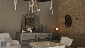 Televisie, een open haard en een stereo