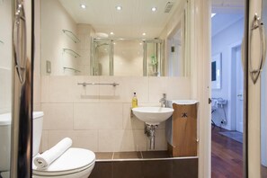 Shower, hair dryer, soap, shampoo