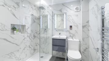 Combined shower/bathtub, hair dryer, towels