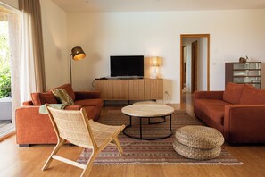 Smart TV, fireplace, DVD player, stereo