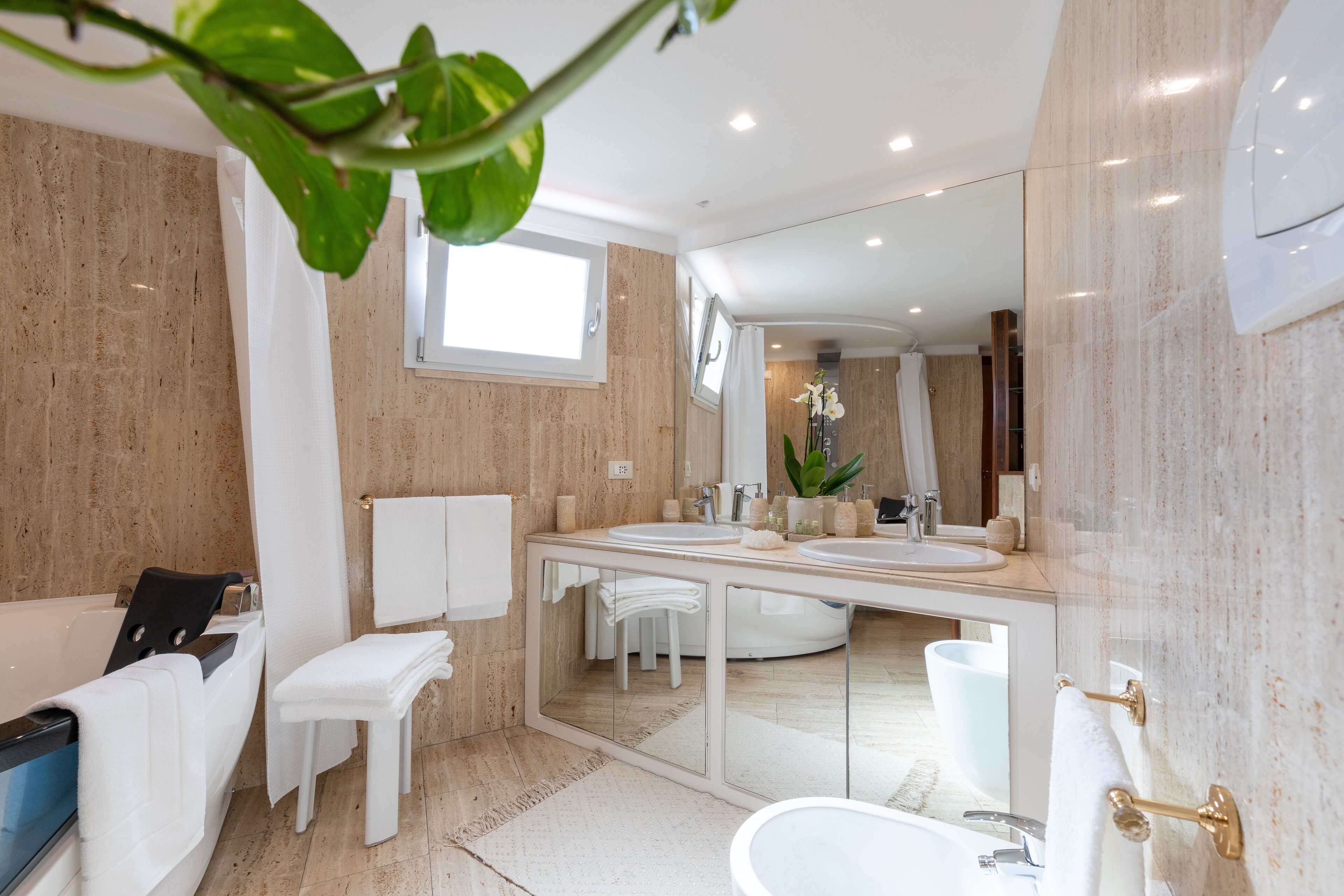 Combined shower/bathtub, jetted bath, hair dryer, bidet
